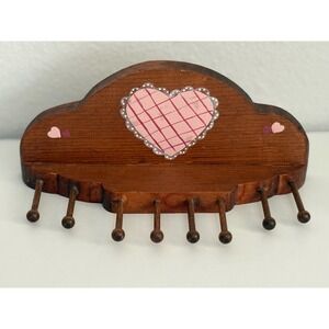 Vintage Wooden Key Holder Wall Rack 8 Peg Pink Heart Cottagecore